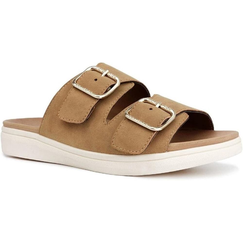 NIB London Fog Women's Cognac Nubuck Lorraine Double Strap Sandals - 10M